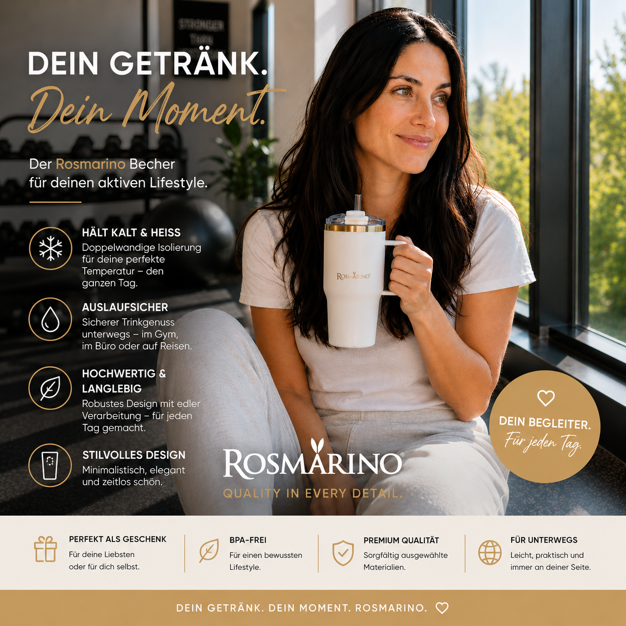 Rosmarino Thermo-Becher MEGACUP 580ml | Weiß-Gold | Strohhalm & Griff | NEU