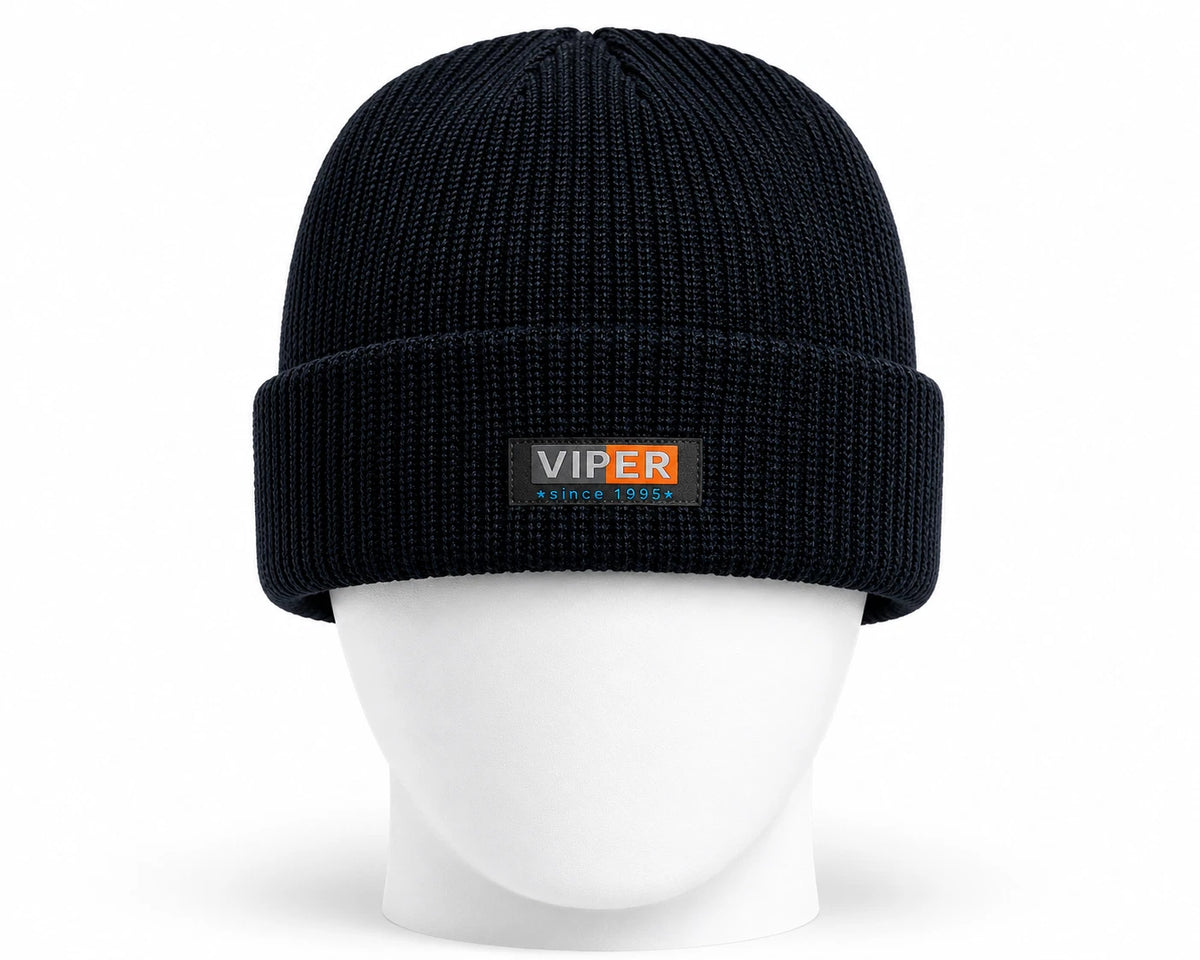 VIPER Beanie Mütze | Schwarz | Strickmütze mit Logo-Patch | NEU mit Etikett