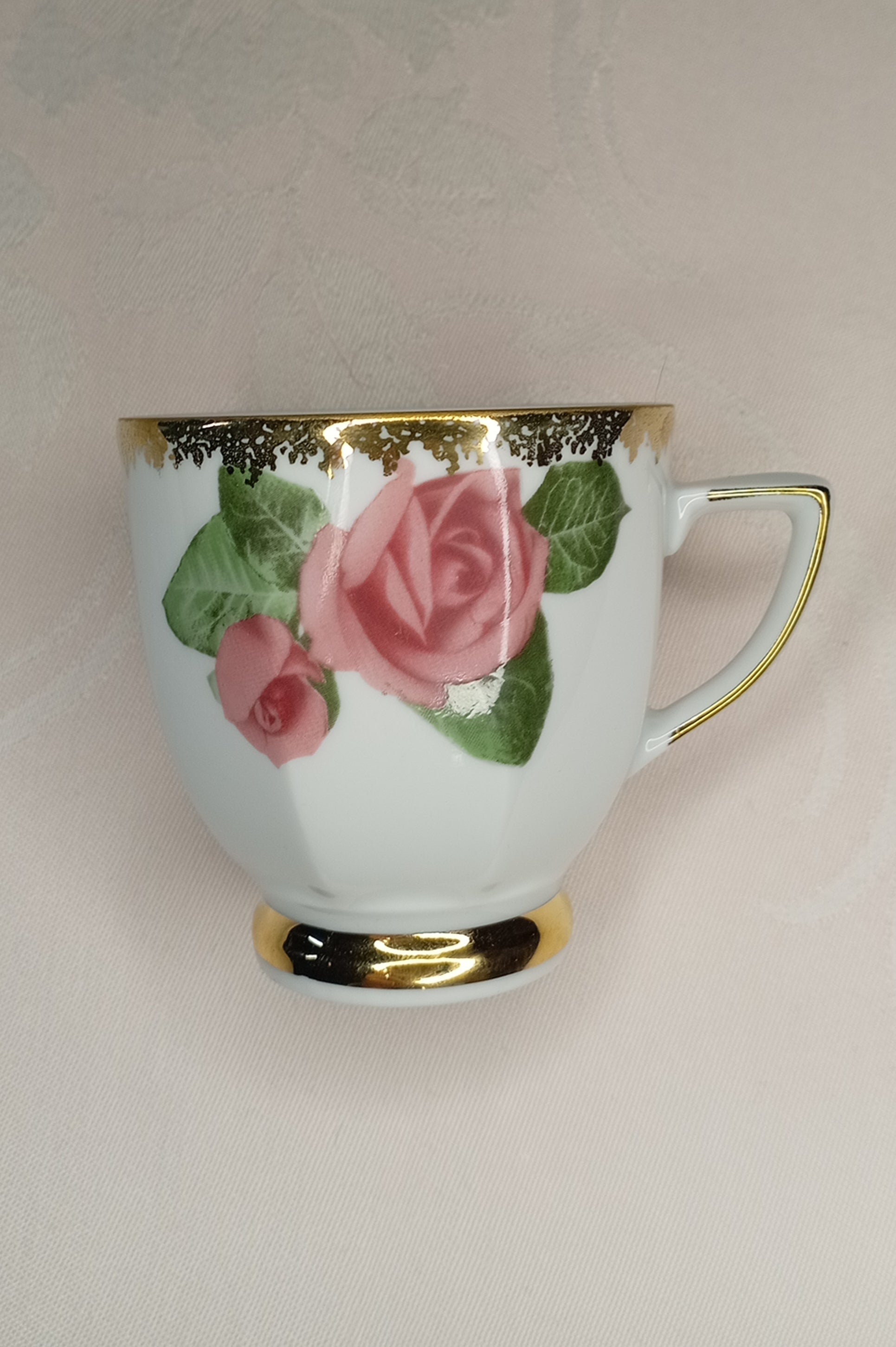 Vintage Sammelgedeck (3-tlg): Winterling Marktleuthen – rosa Rosen & Goldspitze (50er/60er Jahre)