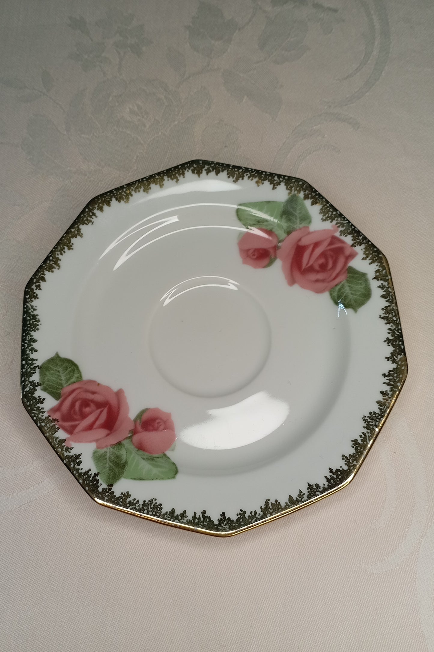 Vintage Sammelgedeck (3-tlg): Winterling Marktleuthen – rosa Rosen & Goldspitze (50er/60er Jahre)