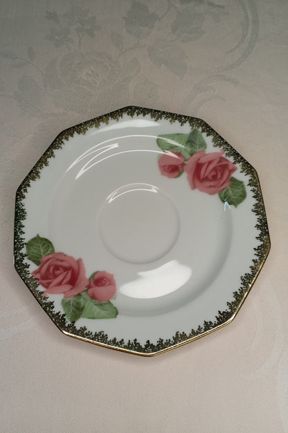 Vintage Sammelgedeck (3-tlg): Winterling Marktleuthen – rosa Rosen & Goldspitze (50er/60er Jahre)