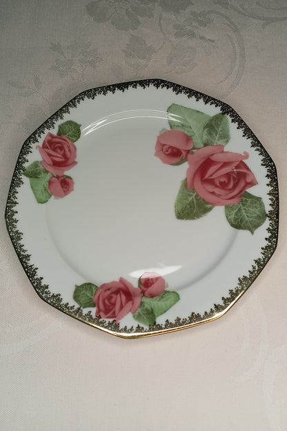 Vintage Sammelgedeck (3-tlg): Winterling Marktleuthen – rosa Rosen & Goldspitze (50er/60er Jahre)