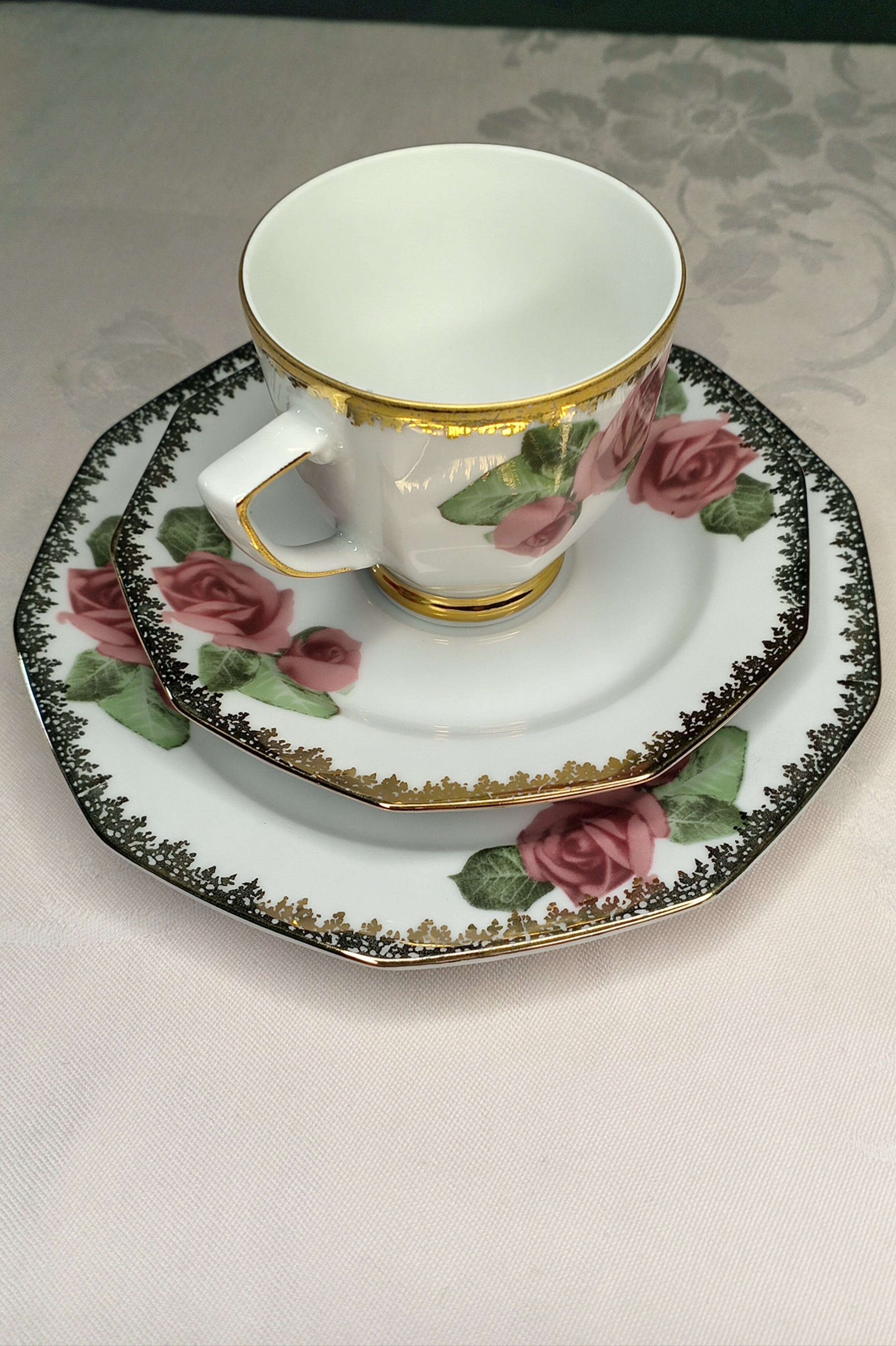 Vintage Sammelgedeck (3-tlg): Winterling Marktleuthen – rosa Rosen & Goldspitze (50er/60er Jahre)