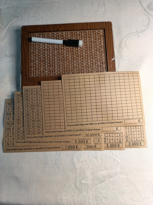 Retro Holz-Spardose mit Spar-Challenge | Ziel 500€ - 10.000€ | Wiederverwendbar inkl. Marker