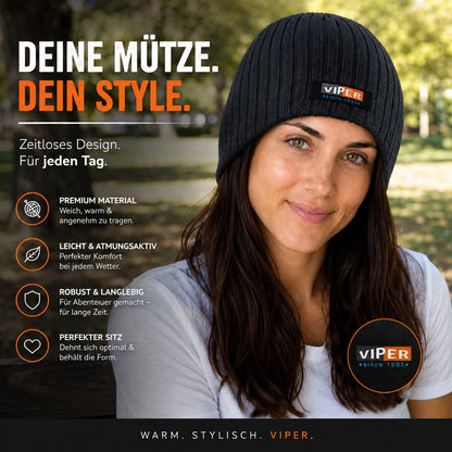 VIPER Beanie Strickmütze | Grau/Anthrazit | Rippstrick | 100% Acryl | NEU