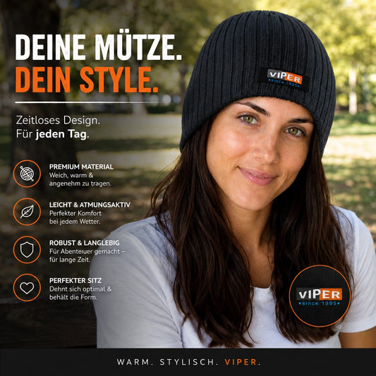 VIPER Beanie Strickmütze | Grau/Anthrazit | Rippstrick | 100% Acryl | NEU
