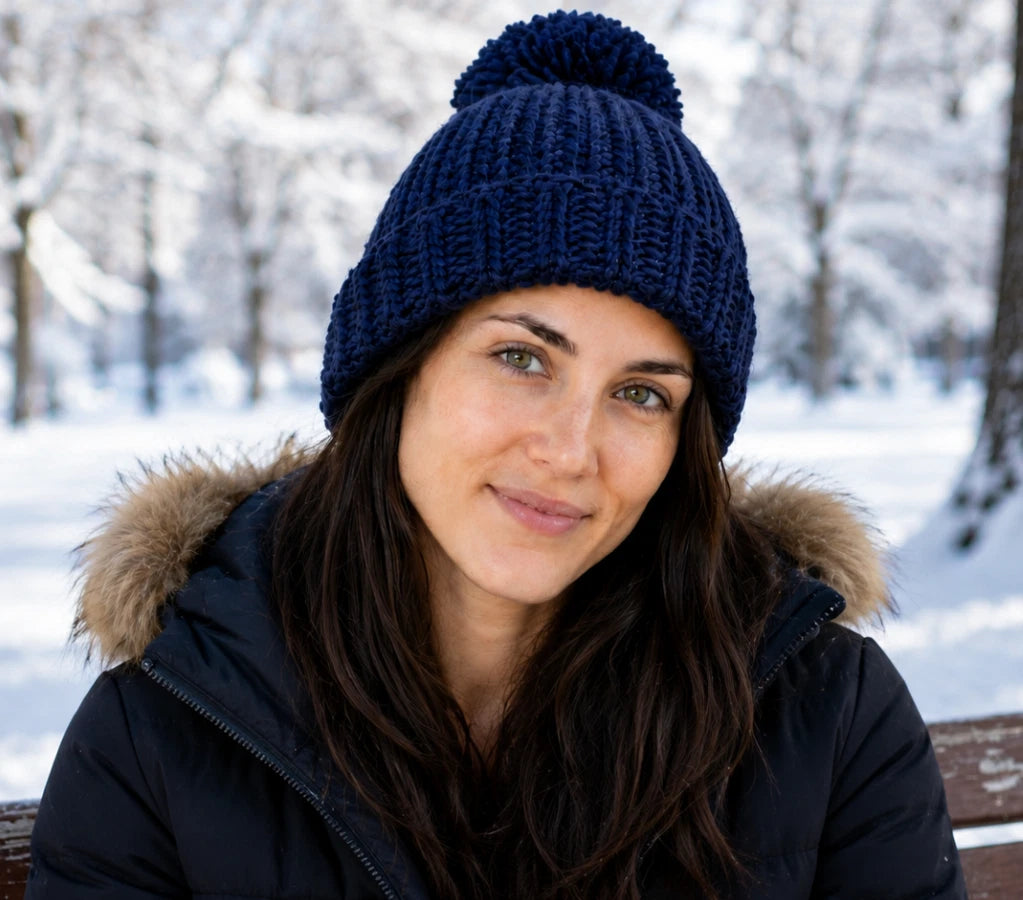 VIPER Bommelmütze | Grobstrick Beanie mit Umschlag | Dunkelblau | NEU & OVP