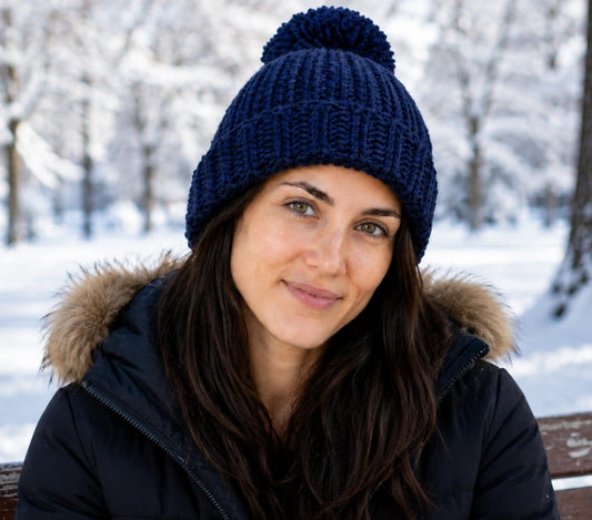 VIPER Bommelmütze | Grobstrick Beanie mit Umschlag | Dunkelblau | NEU & OVP