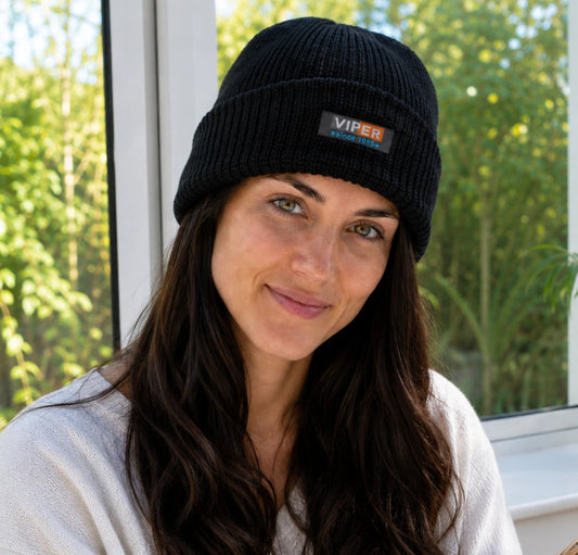 VIPER Beanie Mütze | Schwarz | Strickmütze mit Logo-Patch | NEU mit Etikett
